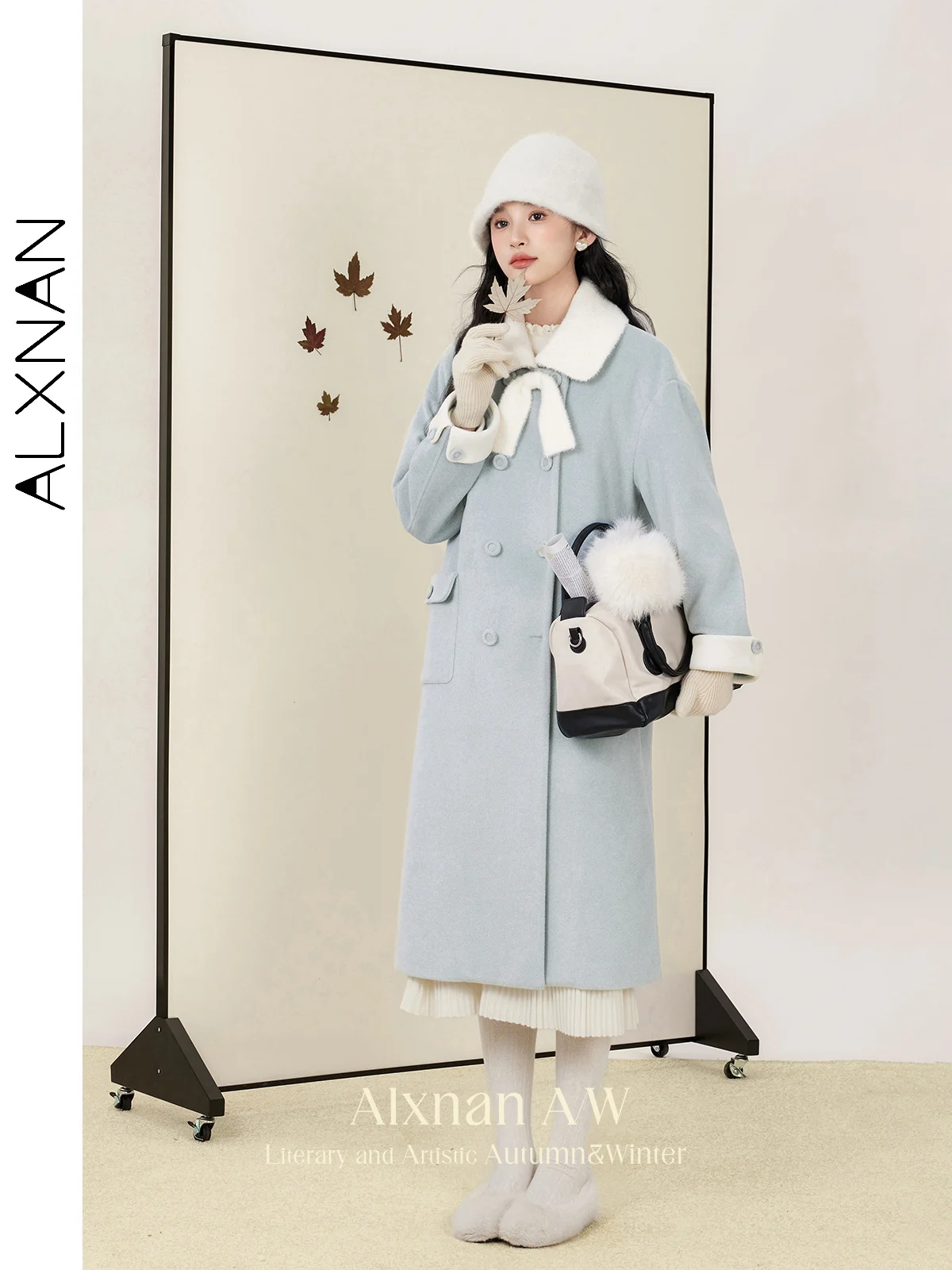 ALXNAN Women's Patchwork Plus Size Woolen Coat Bow Lapel Collar Drop Sleeve Overcoat 2024 Fall Winter Commuter Outerwear D077100