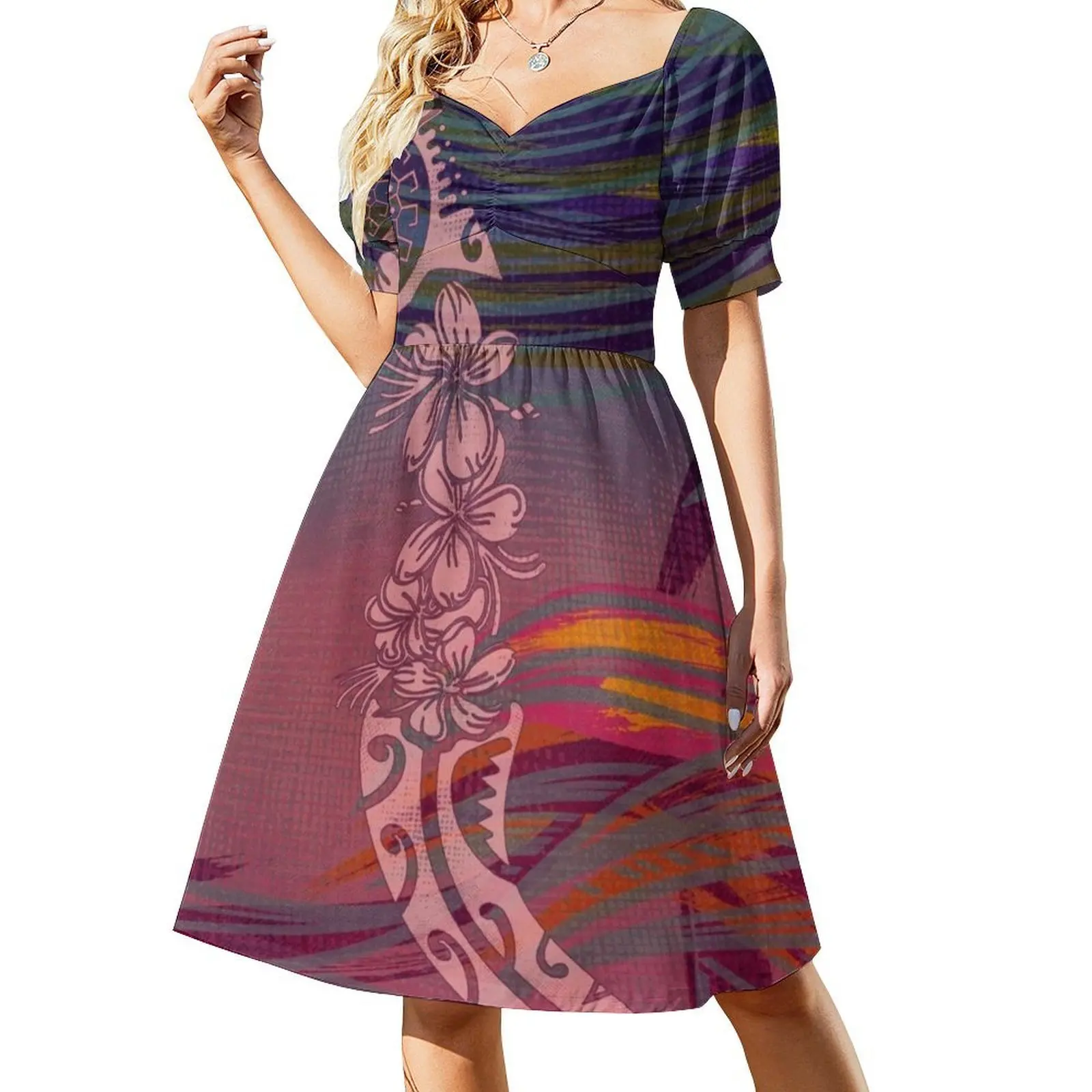 البولينيزية الملك المد القبلية المواضيع خمر فستان بوهيمي نفخة الأكمام أو بلا أكمام خيارات للنساء فستان بولينيزيا #2