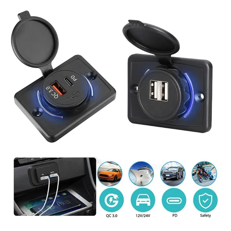 

12-24V PD QC3.0 USB Type C Outlet RV USB Outlet Panel 18W Quick Charge Car Charger Socket With LED Light for Car Bus Truck Boat