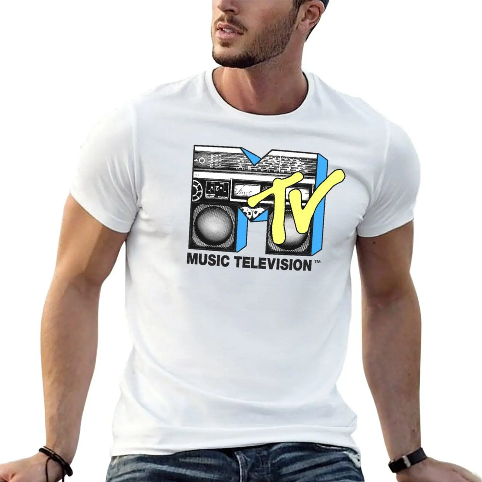 MTV Black And Yellow Boombox Logo Fill T-Shirt Novelty Graphic Tee Shirt