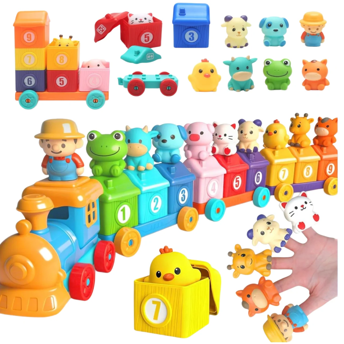 Montessori Farm Train Set Count Match Sort Toy Farm Animal Finger Puppets & Color‑Shape Keys Educational Birthday Gift for Kids