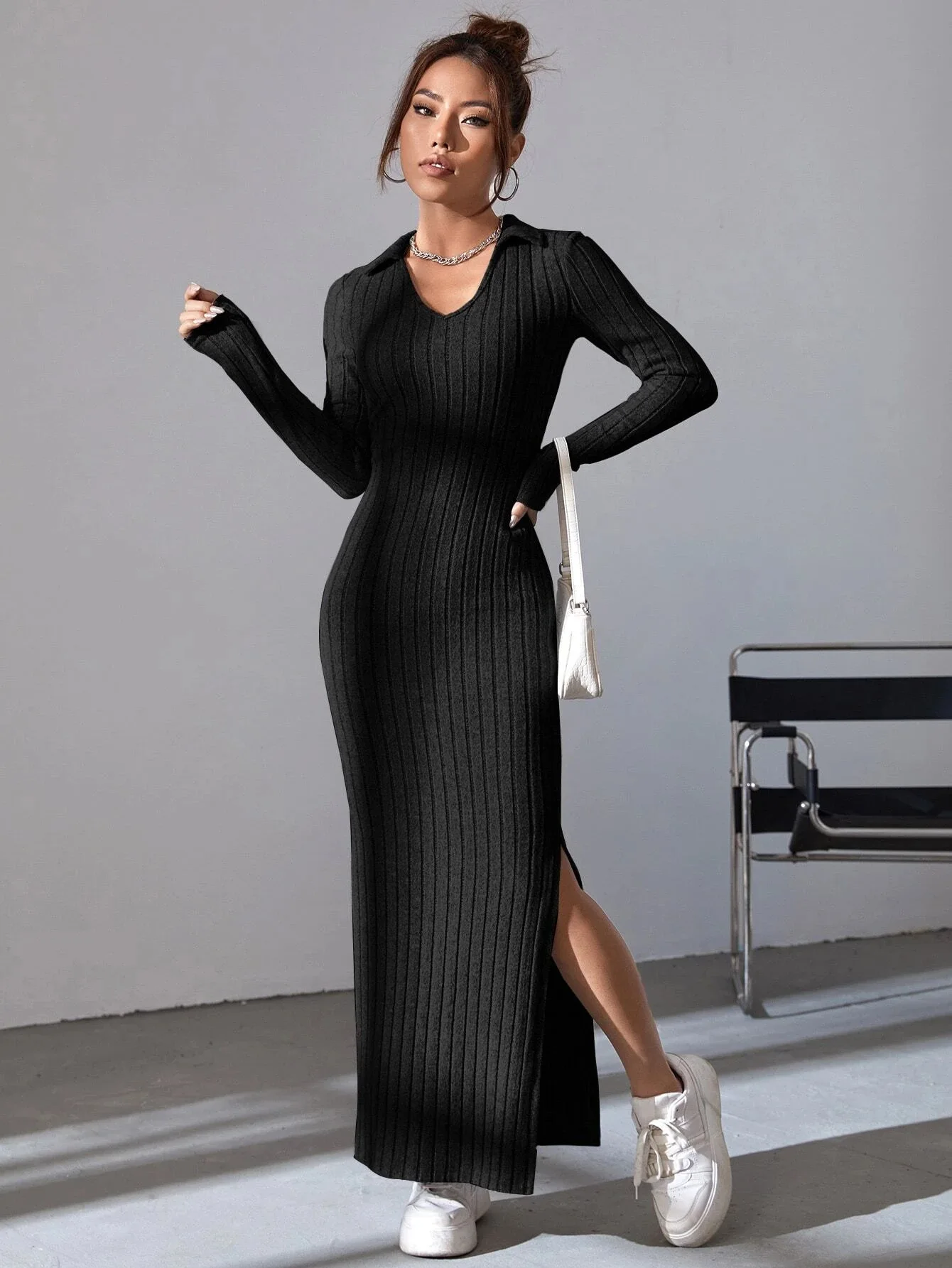 Knitted Slim Long Dresses Women Solid Color V-neck Package Hip Bodycon Slit Dress Fashion Trendy Lady Vestidos Autumn Winter New