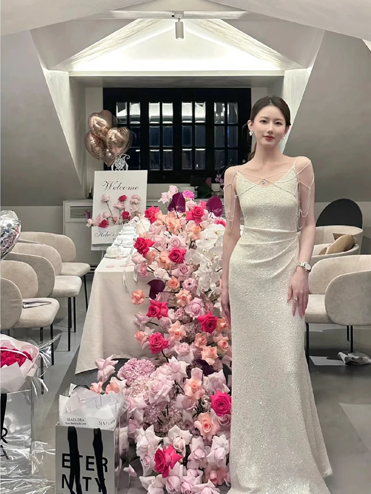 

Белое вечернее платье Ele без бретелек с молнией, расшитое бисером, с завышенной талией, облегающее, длинное, для дня рождения, вечеринки, свадьбы, торжественных мероприятий