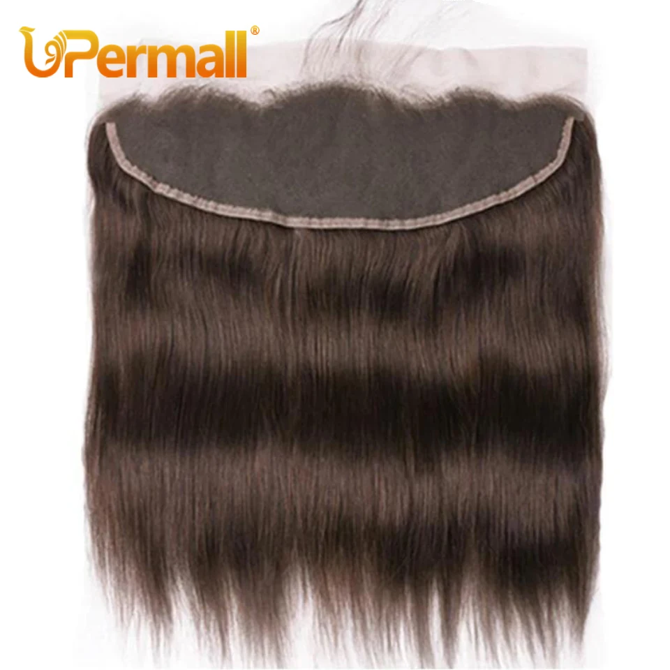 Upermall bundel rambut manusia lurus 2/3/4 dengan Frontal 13x6 coklat telinga ke telinga transparan 13x4 penutup renda dan bundel