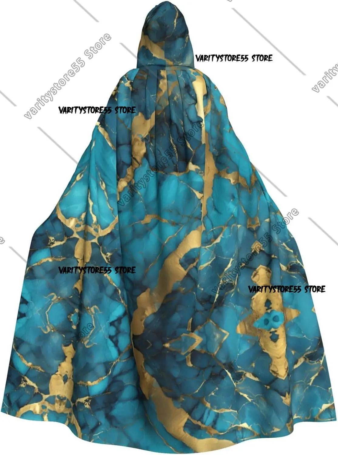

Turquoise Blue Gold Marble Print Unisex Hooded Cape Perfect for Halloween Role Play Costumes