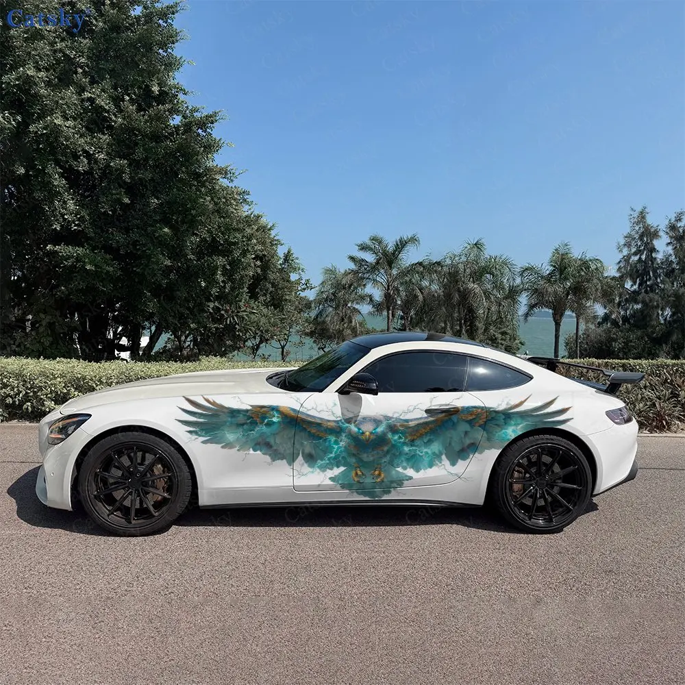 2pcs Burst Lightning Blended Winged Eagle Car Side Wrap, Self-Adhesive PVC Waterproof & Scratch-Resistant Sticker, Car Accessory