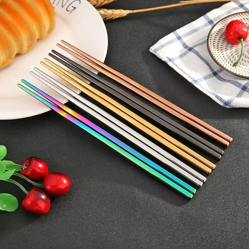Imagen 3: 1 par de palillos de acero inoxidable, palitos de comida antideslizantes portátiles, vajilla, palillos chinos de 23cm, vajilla, herramientas de cocina