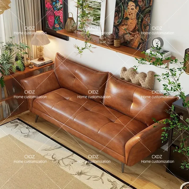 Wax skin small apartment straight row simple sofa leather art sofa Italian minimalist living room sofa retro style clothing