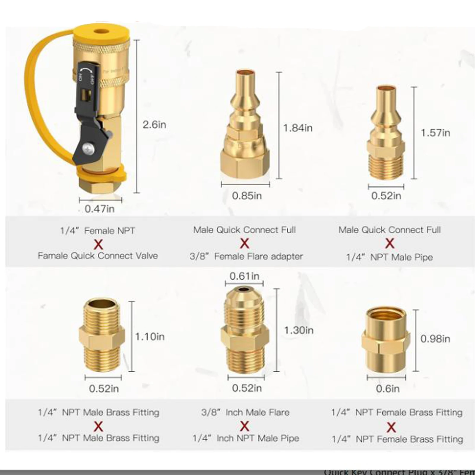 

Quick Connect Propane Brass Fittings 7pcs for RV Low Pressure Gas Appliances Suitable for Outdoor Grills and Heaters