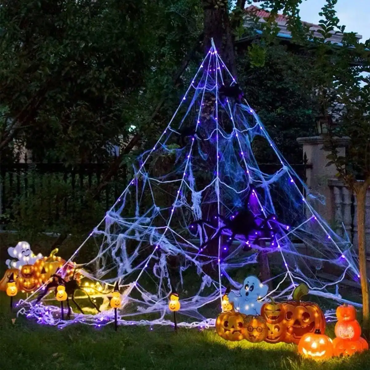 1pc 5m Halloween Spider Web LED Light, Indoor Yard Gothic Bedroom Terrifying Atmosphere Decor