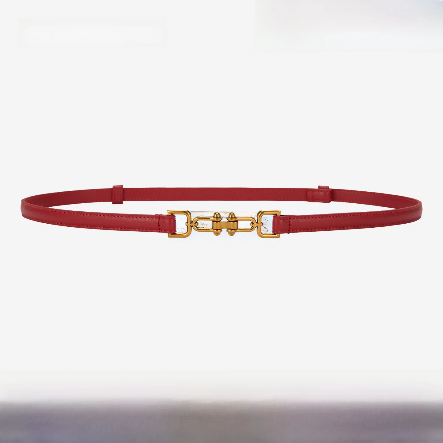 本革ベルト-女性用-レッド-スリムウエストベルト-スカートに合わせる-カジュアルスタイル-幅cm-バックル留め-中国製