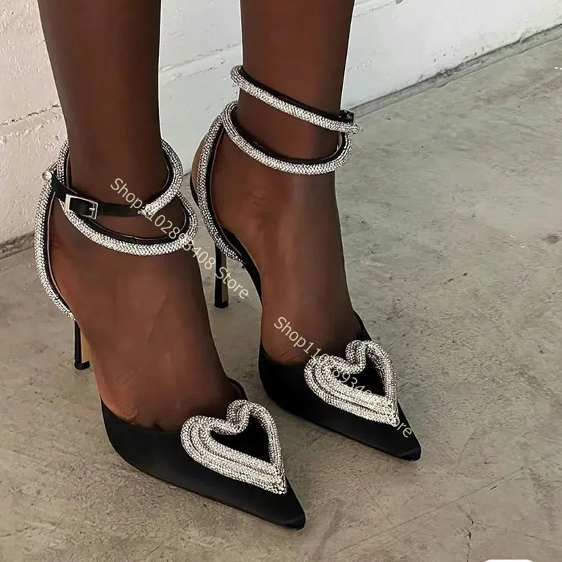 

Crystal Heart Shape Pointed Toe Sandals Silk Cut Heel Ankle Buckle Thin High Heels Women Summer Shoes 2023 Zapatos Para Mujere