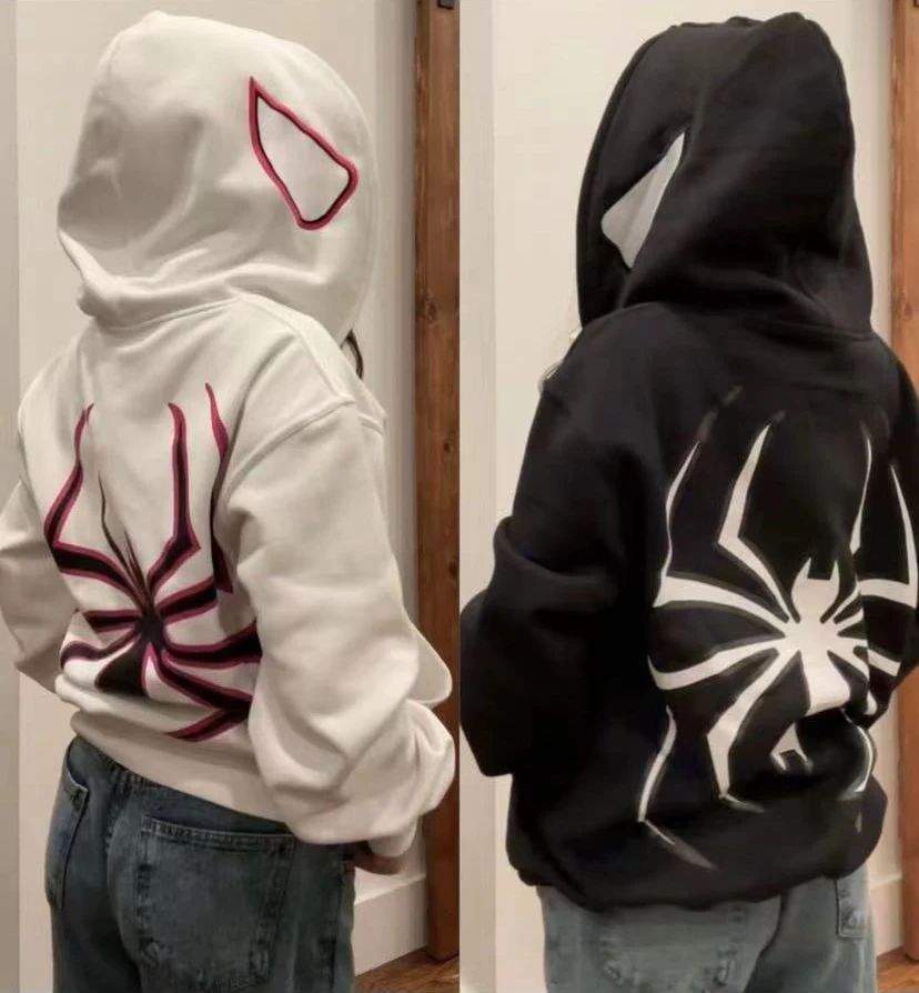 Harajuku moda y2k jaqueta grande com padrão de aranha exclusivo moletom feminino, outono/inverno punk com capuz com zíper completo