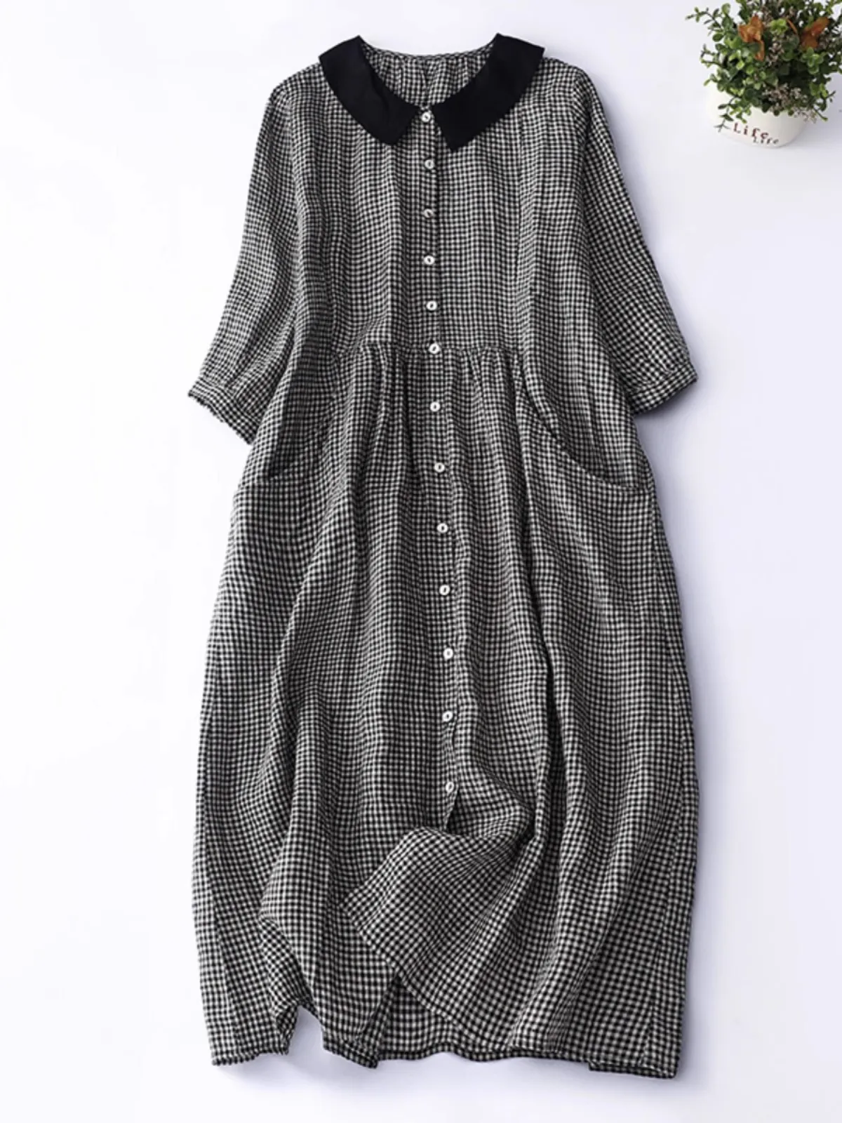 

2025 New Summer Peter Pan Collar Women Dresses Vintage Literary Plaid Single Breasted Shirt Dress for Women Vestido Feminino