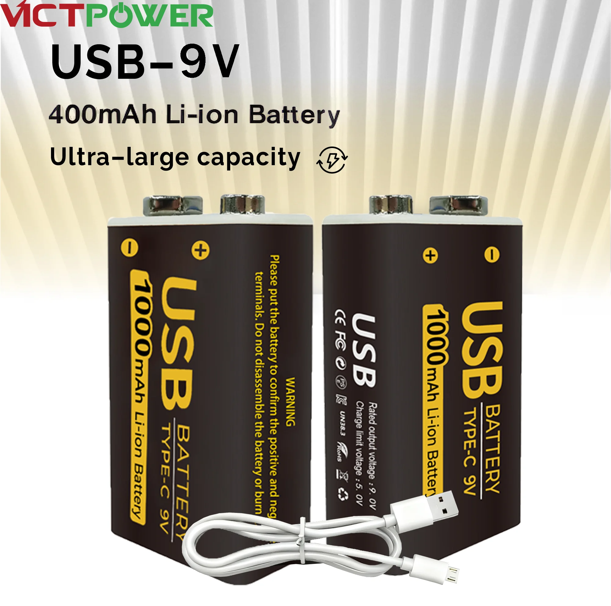 Victpower 9V 400mAh Rechargeable Lithium Battery with Type-C Port USB Charging Li-ion Cell for multimeter and electric guitar