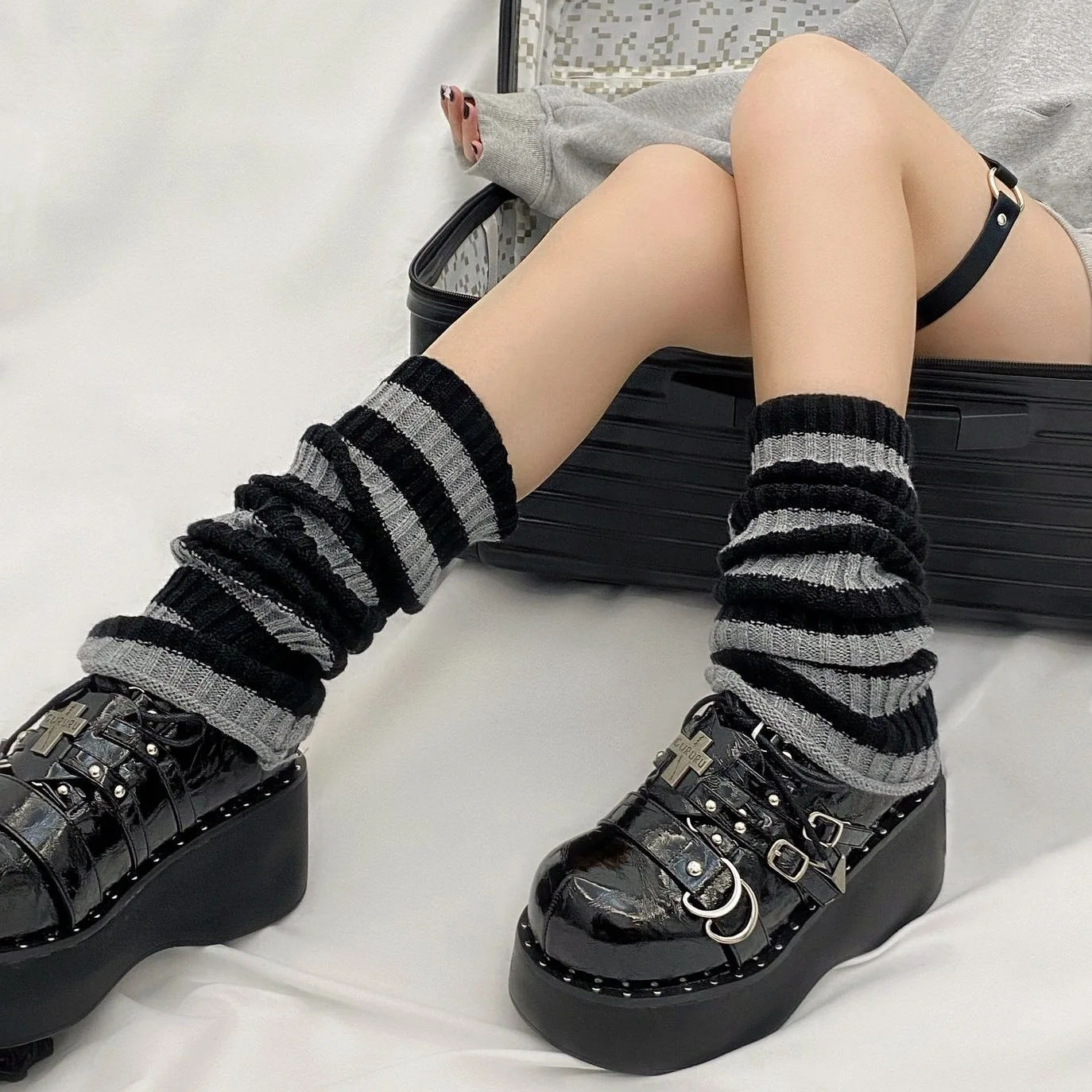 Autumn Winter JK Spice Girls College Foot Cover Warm Pile Socks Boot Cover Black White Striped Knitted Leg Warmers Women