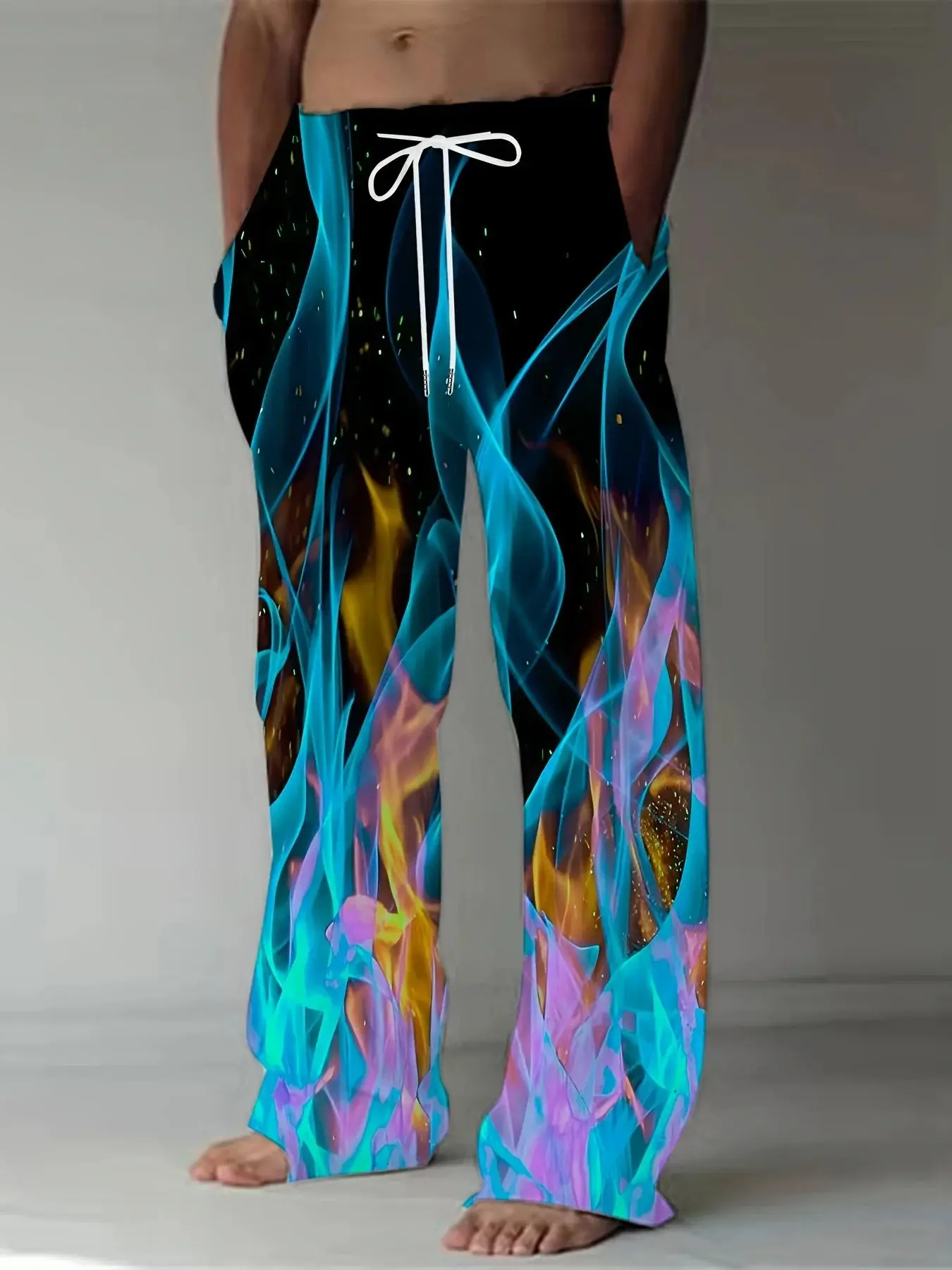 Men's Casual Trousers with Elasticated Waist, Comfortable Flame Pattern 3D Print, Loose Fit, Elasticated Waistband