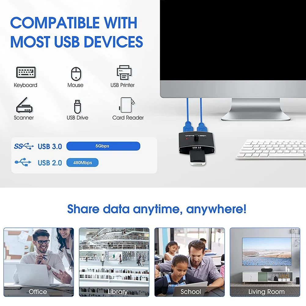 Commutateur KVM USB 3.0, 5Gbps, 2 en 1, commutateur USB 3.0, partage bidirectionnel pour imprimante, partage de clavier et de souris