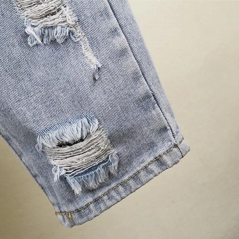 Summer Women's Fashion  Ripped Jeans New Loose High Waist Jeans Beads Rhinestones Harem Pants Female Street Holes Denim Trousers