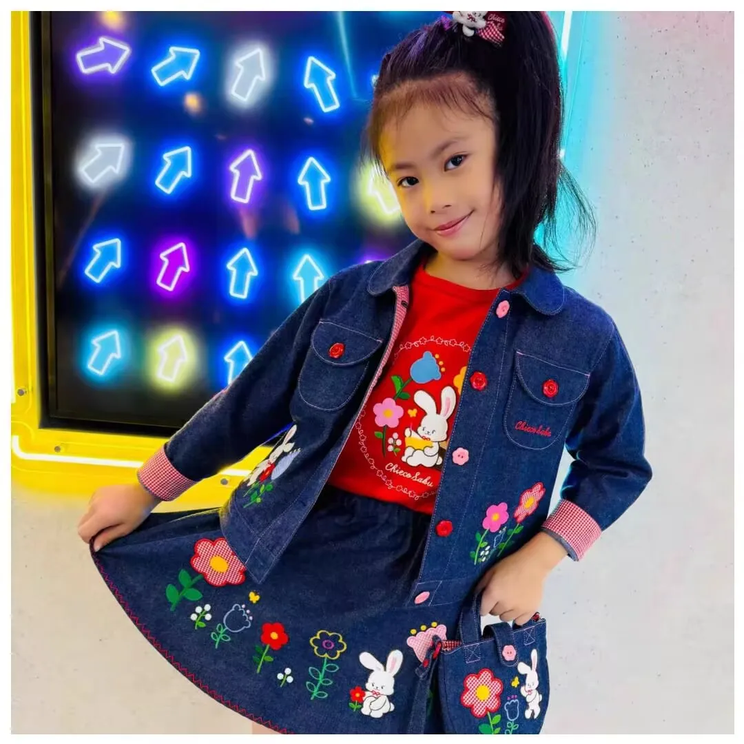 الخريف الفتيات الفاخرة CS الدنيم سترة وتنورة رائعتين الأرنب وعباد الشمس يطبع لينة الدنيم النسيج موضة الاطفال الزي 90-130 #6