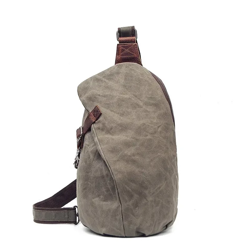 Vintage Waxed Canvas Chest Bag Large Capacity Water-Repellent Casual Crossbody Sling Bag Top Layer Leather Zipper Shoulder Pack