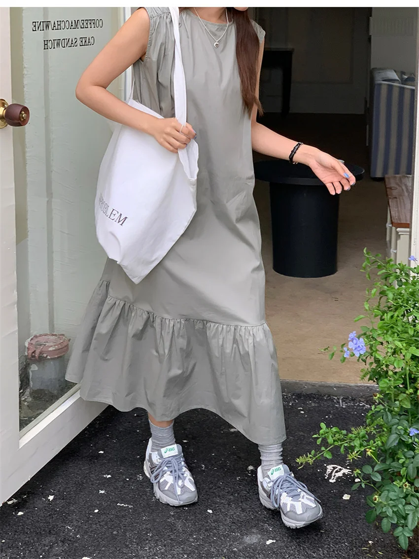 Alien Kitty Minimalist Women Long Dress Solid Chic Sweet Loose Summer Sleeveless 2024 New Slim Casual Gentle Daily Vacation