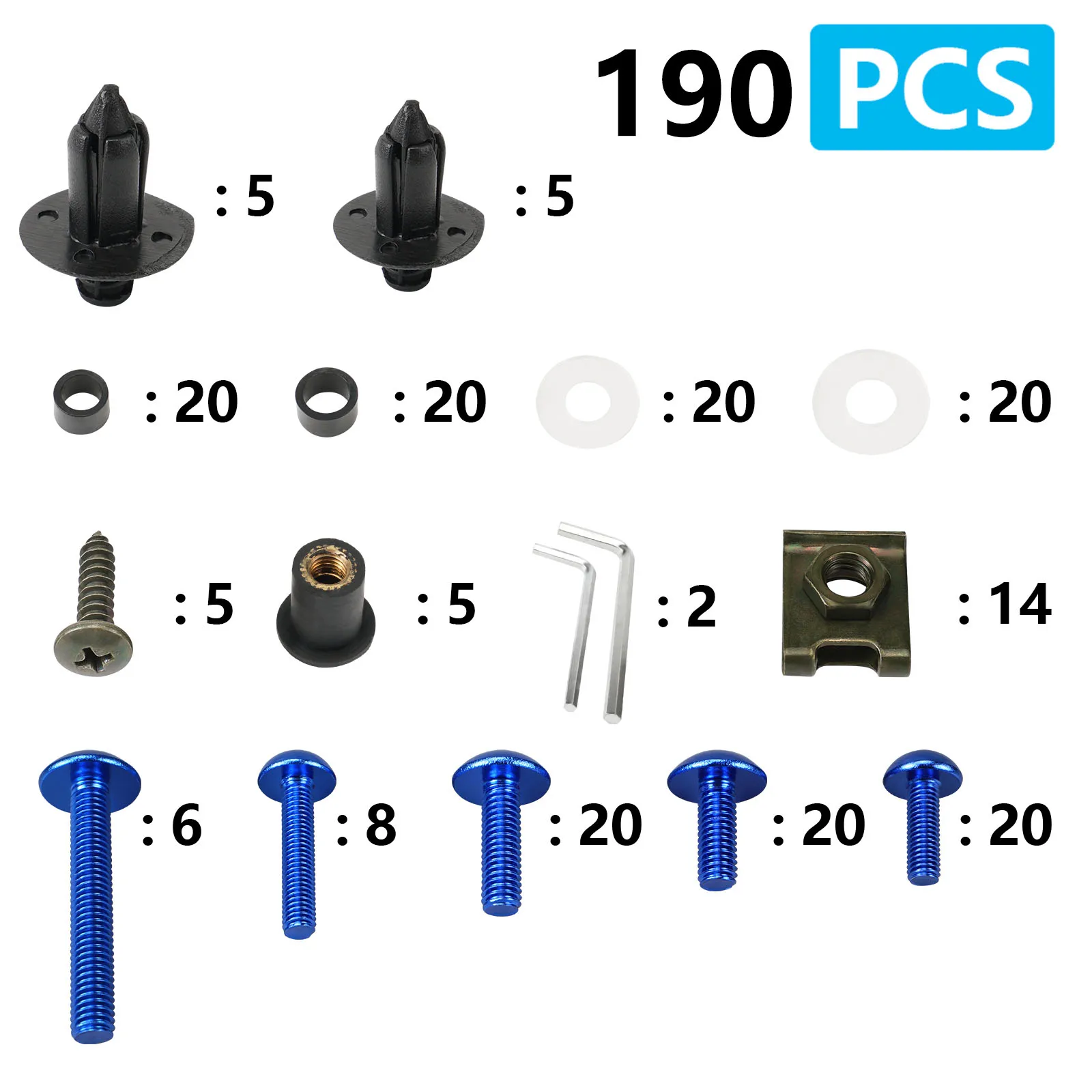 190PCS M5 M6 Fairing Bolts Screws Kit For YAMAHA YZF R1 R3 R6 MT03 MT07 MT09 MT10 Tracer 9 GT FJR1300 XSR700 900 Super Ténéré