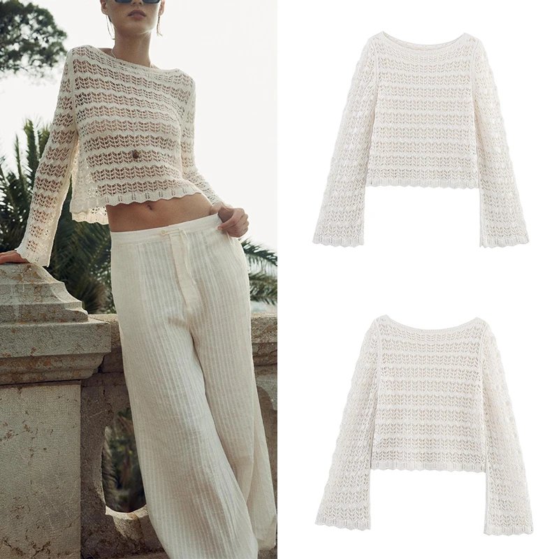 

Casual Versatile Hollow out Knitwear Loose Fit Polyester Fiber Long Sleeve round Neck Summer New Arrival Women's Top ZADATA