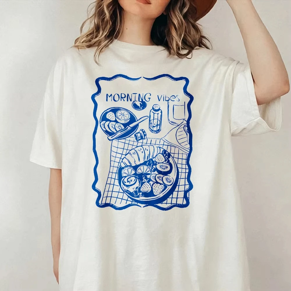 Short Sleeve White T-shirt Morning Vibes Breakfast Scene Checkered Tablecloth Coffee Cup Bottle Plate Harajuku Women Clothes