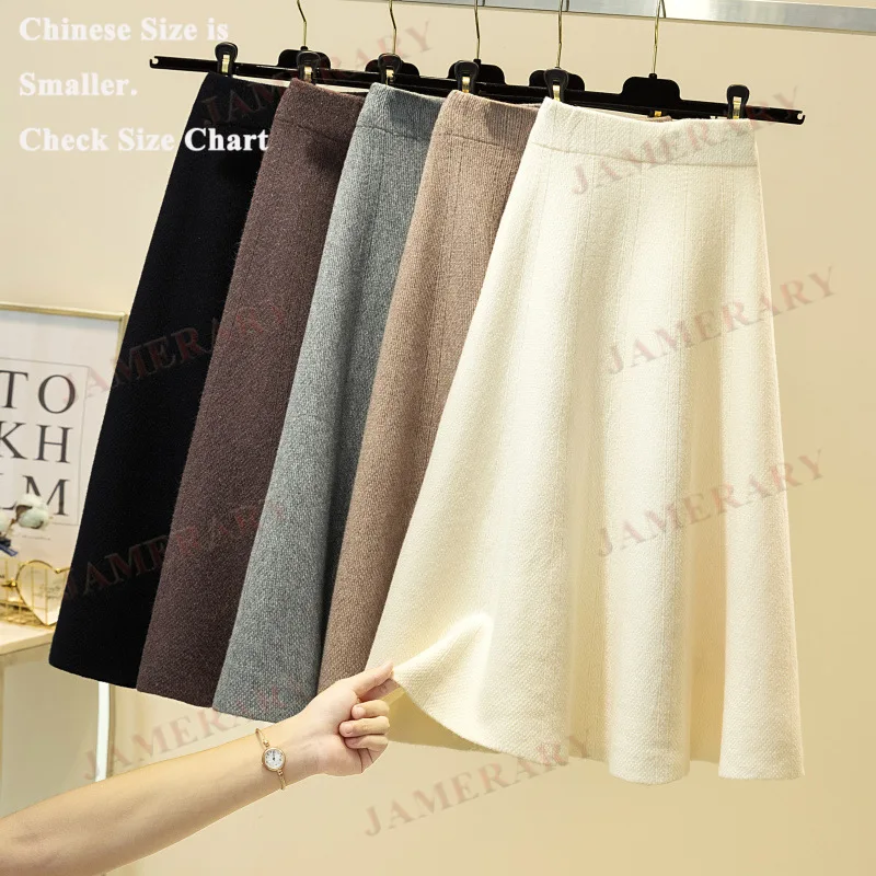 

Осенне-зимняя вязаная юбка-миди, женская эластичная трапециевидная юбка трапециевидной формы с высокой талией, шерстяные длинные юбки, трикотаж