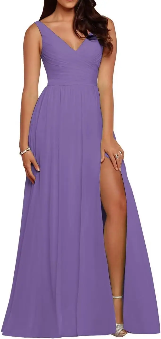 Ladies' Pleated Chiffon Bridesmaid Dress A-line Deep V-neck Long Party Dance Dress Formal Dinner Dress， Elegant Ladies with Slit