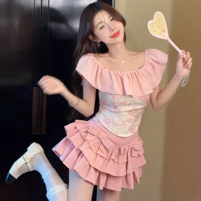 

Y2k Sweet Slash Neck Ruffles Slim Fit Top for Women+ High Waist Bow Ruched Cake Skirts 2025 Summer New Two Piece Sets