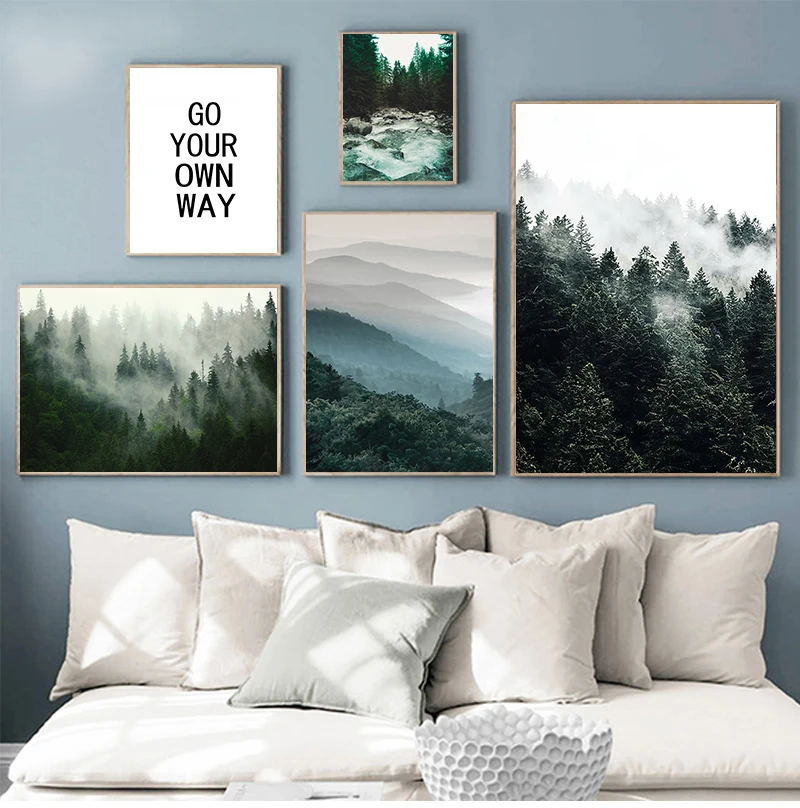 Mountain Wall Posters Fog Forest Canvas Painting Natural Landscape Poster Nordic Wall Pictures For Living Room Home Decoratio