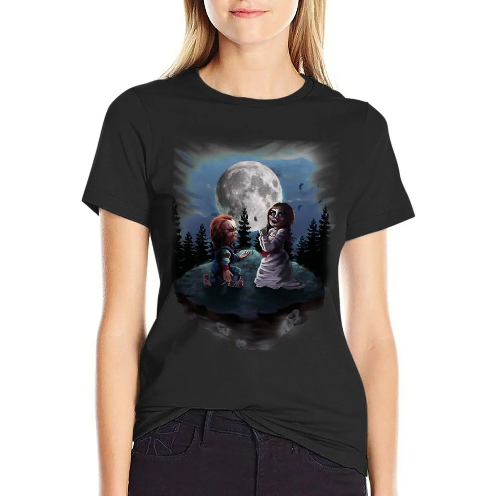 Chucky vs annabelle t-shirt para as mulheres, top engraçado manga curta, ariat camisas para o verão