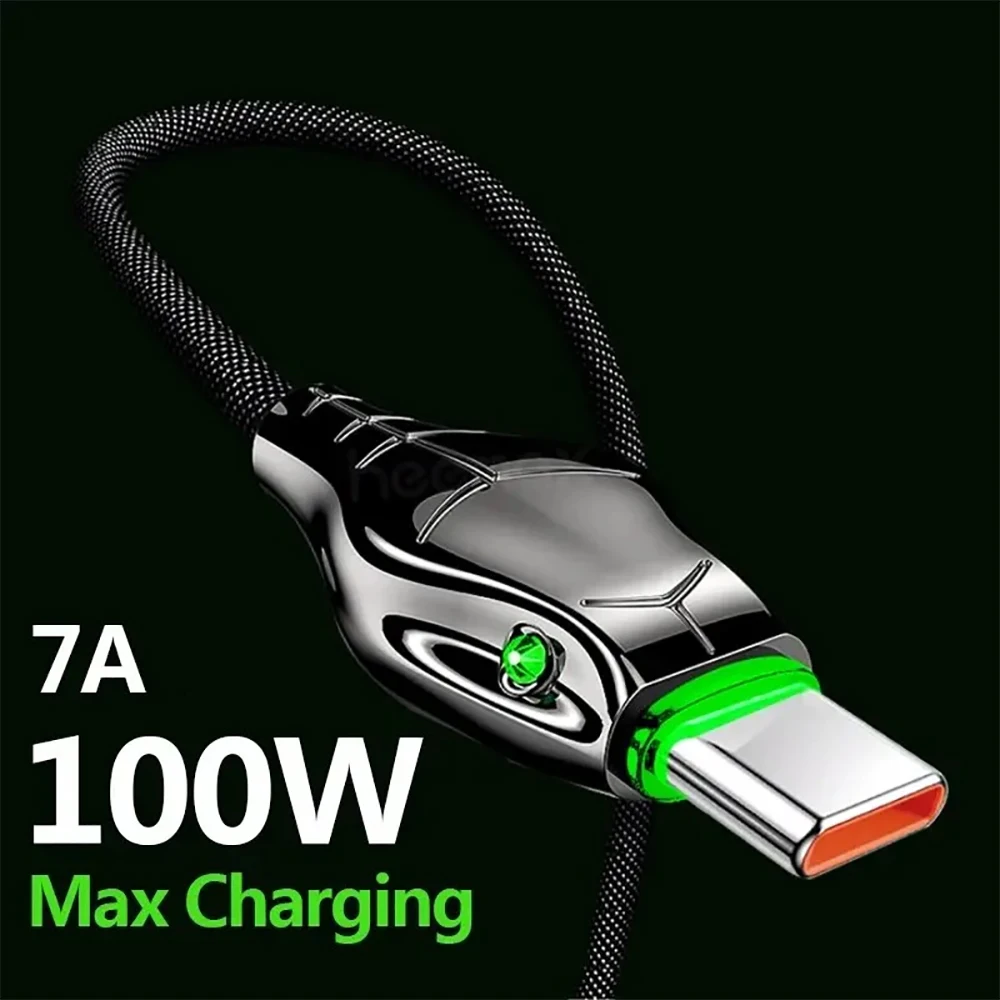 100W Super Fast Charging Indicator Light Data Cable Suitable 7A USB Type C For Iphone Samsung Huawei Xiaomi High speed Charging