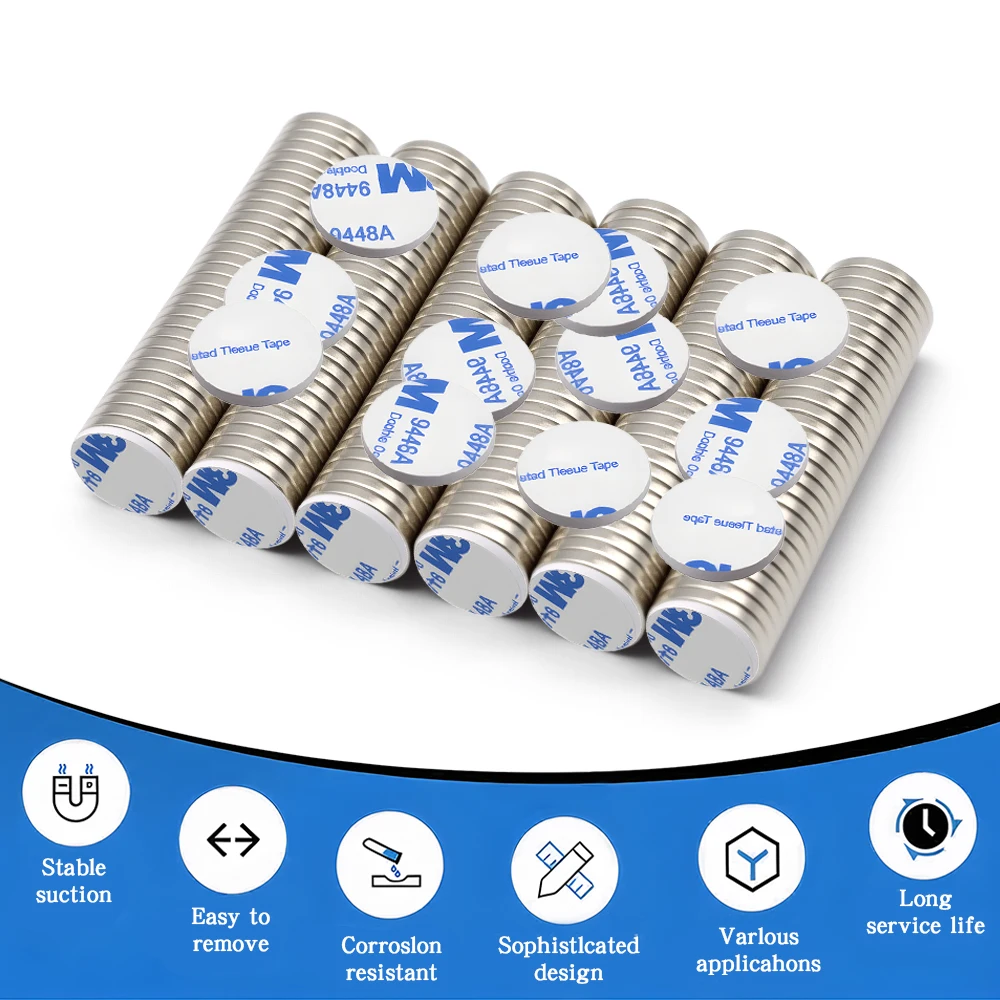 Powerful NdFeB Magnet Strong Suction Anti Corrosion Metal Magnetic Round 12x2mm with Double Sided Adhesive DIY Craft