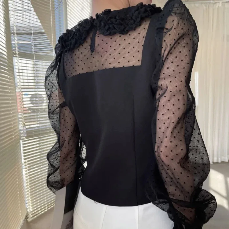 Koreański Wiosna Lato Nowe Kobiety Solidne Spliced Ruffles Ruched Lace Doll Neck Slim Short Commute Long Sleeve Pullover T-Shirts Tops