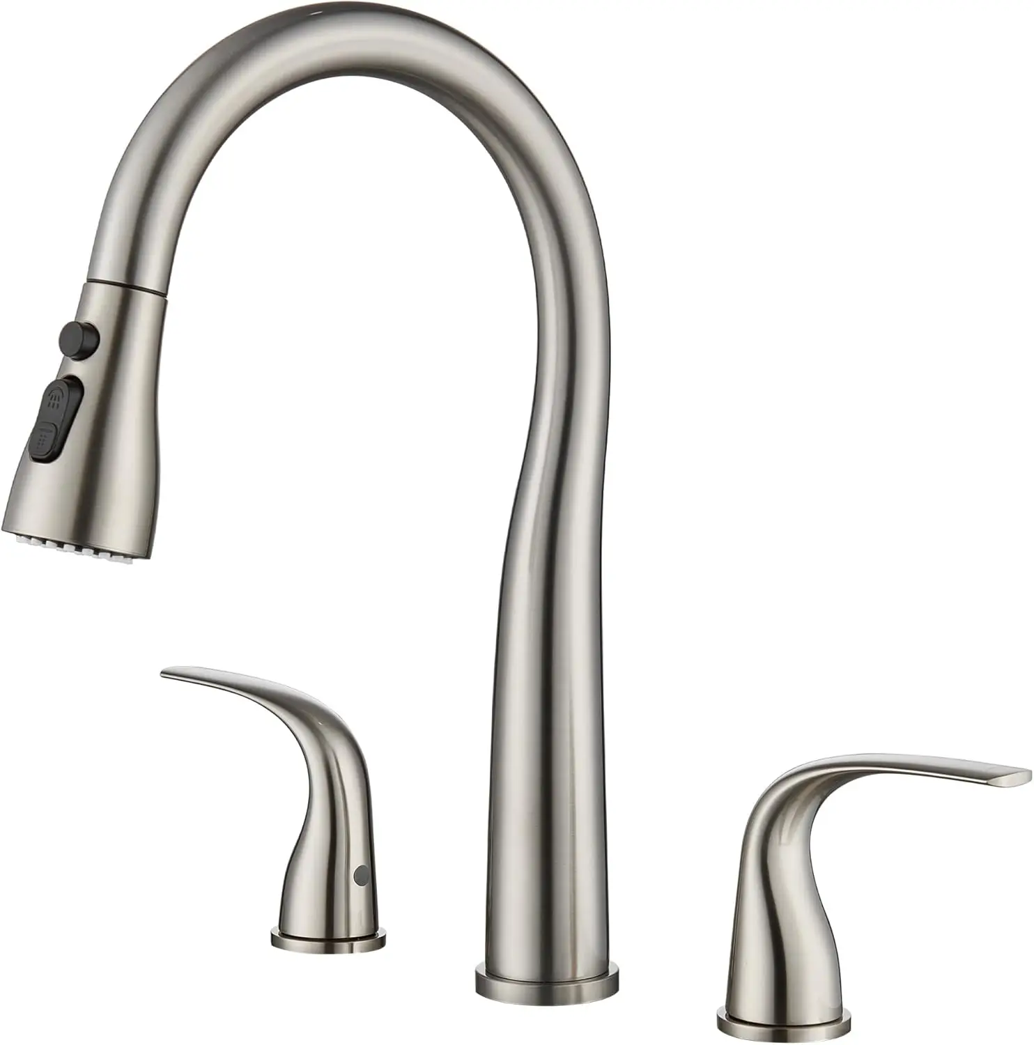 

Brushed Nickel 3 Hole Kitchen Faucet with Pull Down Sprayer, Double Handle High Arc Sink Faucet, 3 Mode Spray Stainless Steel