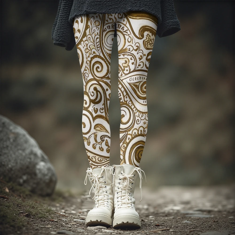 Winter Warm Paisley Print Thermal Leggings for Women Ethnic Boho Style Hippie Pants Streetwear Casual Stretch Tights Plus Size