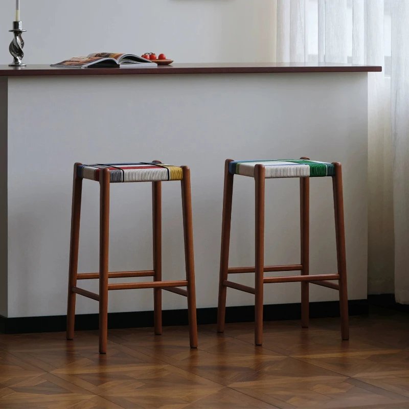 Solid Wood Bar Stools for Cafe Mid Century High Counter Stool for Kitchen Island Rustic Bar Seating Rope Weaving Footrest Stool