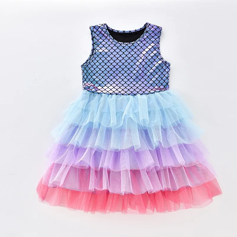 Kleinkind Mädchen Blau Lila Rosa Farbverlauf Mehrlagiges Tüllkleid Glänzende Pailletten Meerjungfrauenschuppen Ärmelloses Kleid Kinder Geburtstag Fotoshooting – Detail 1