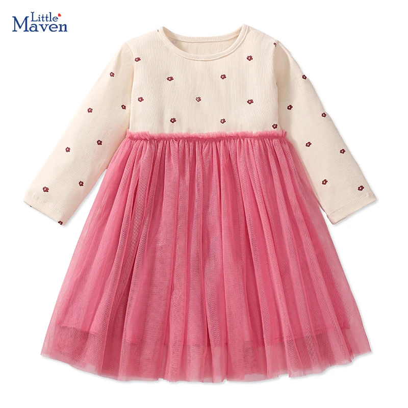 Little maven Kids Clothes Casual Spring Autumn Baby Girls Long Sleeves Flowers Mesh Princess Dresseses Cute Girl Dress Vestidos