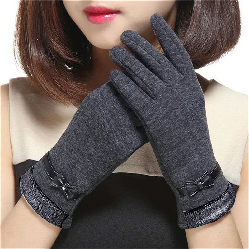 New Women Keep Warm Touch Screen Plus Velvet Inside Thicken Windproof Cycling Cute Lovely Bowknot Elegant Elasticity Soft Gloves