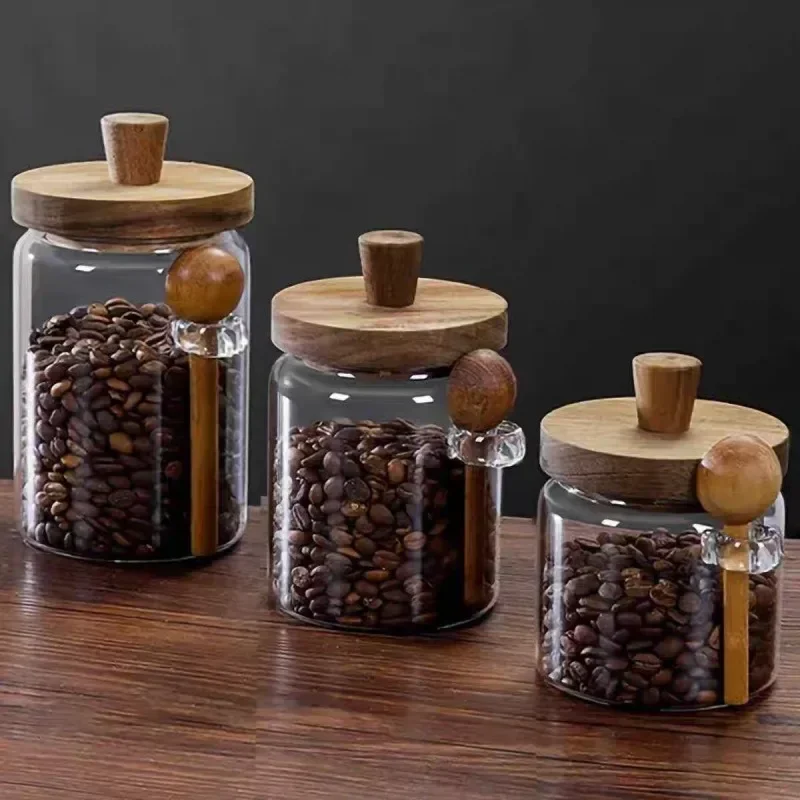 Kitchen Glass Jar Grains Coffee Beans Tealeaf Storage Containers with Wood Spoon Lid Clear Spice Jar Moisture-proof Storage Tank