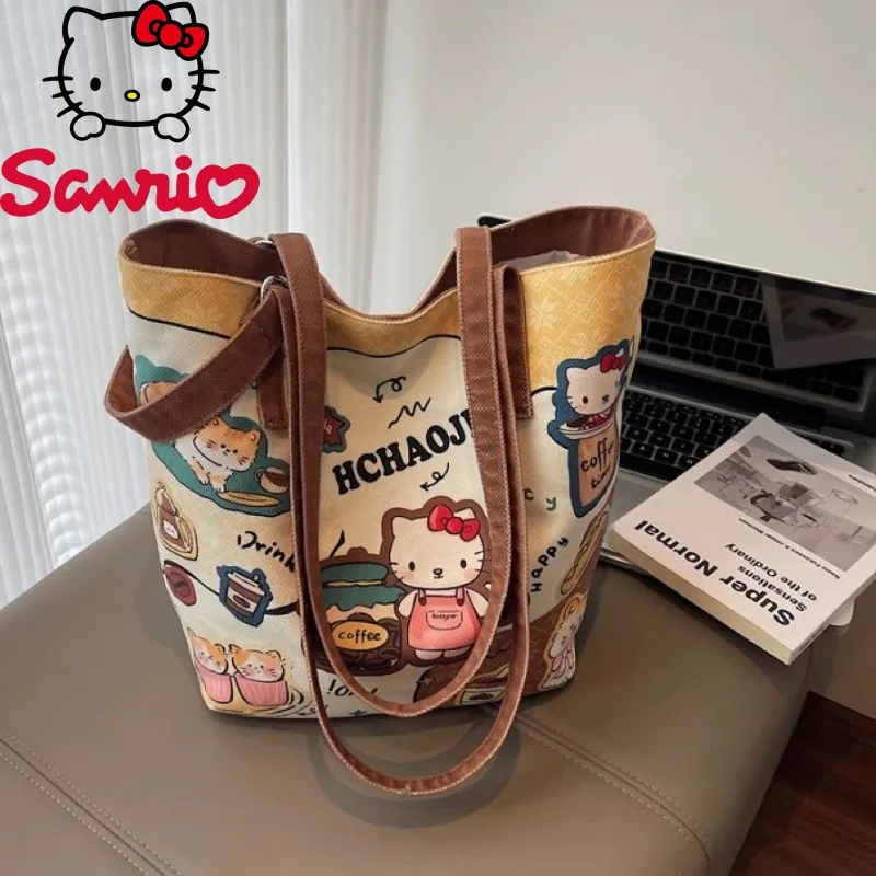 

Sanrio Hello Kitty Cute Cartoon Canvas Bag Women 2025 New Large Capacity Shoulder Bucket Bags Student Tote Handbag