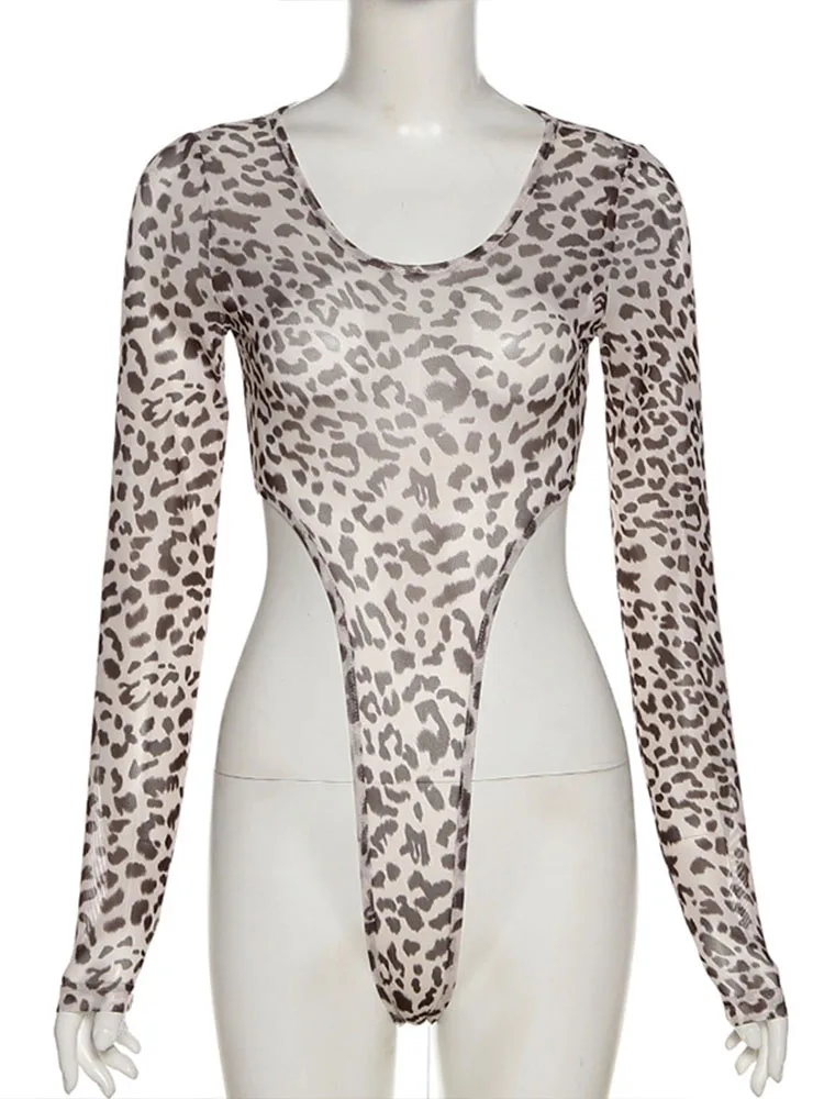 

2023 Leopard Print Sexy Long Sleeve Mesh Print Slim Bodysuit Summer New Swimsuit Beachwear Round Neckline Waistline Bodysuit