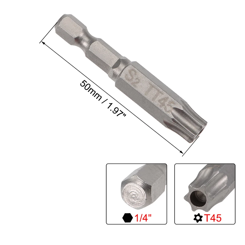 Brocas de destornillador Torx T45, vástago hexagonal de 1/4 pulgadas, estrella a prueba de manipulaciones, 6 puntos, herramientas manuales, 2 piezas