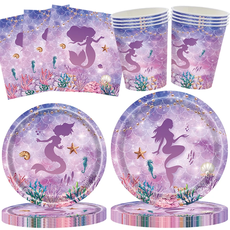 

68PCS mermaid party supplies,disposable party plates, napkins, cups, includes, for birthday party, serves 16 gues