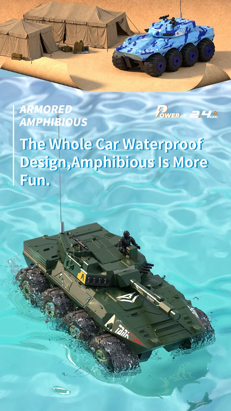 リモコン水陸両用装甲車両 1:32 防水 大型 2.4G 頑丈 電動戦車おもちゃモデル クリスマス