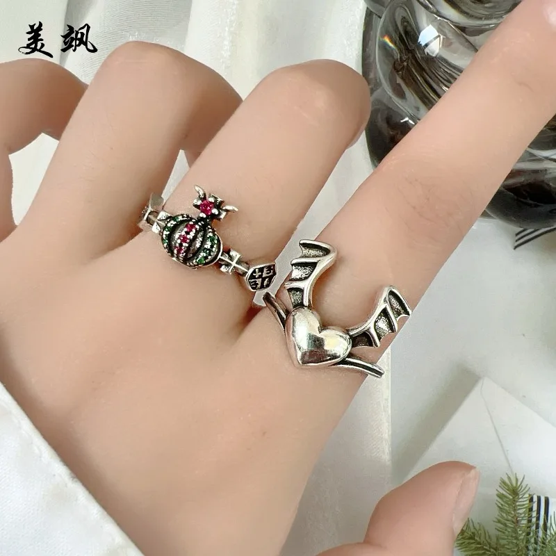 Copper 925 Silver Plated Zircon Crown Heart Wing Stackable Ring, Ins Cold Style Personality Couple Ring Jewelry